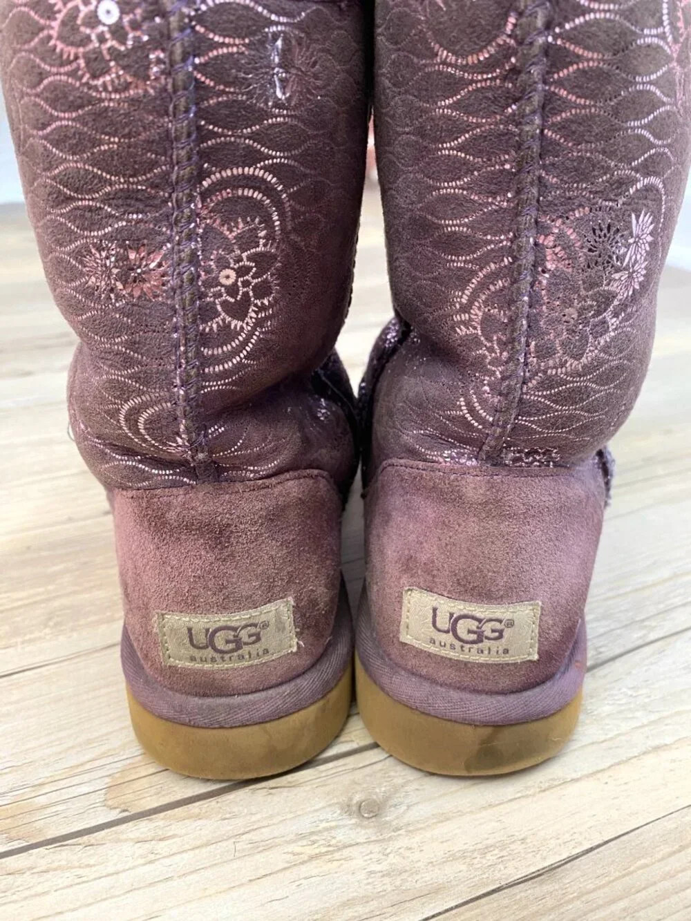 UGG Classic Genuine Shearling Lined Metallic Floral Purple Short Boots - Size 8
